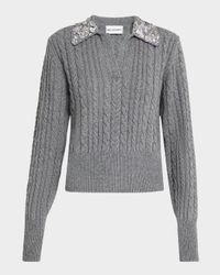 Embellished Cable-Knit Polo Sweater