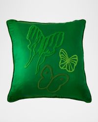 Hand-Embroidered Silk Pillow with Velvet Back, 22" Square