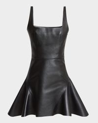 Square-Neck Leather Fit-&-Flare Mini Dress