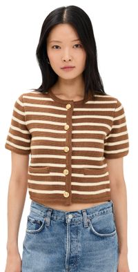 English Factory Knit Striped Sweater Cardigan Tan/White M