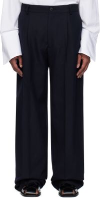 Dries Van Noten Pantalon bleu marine en serge de laine