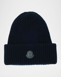 Men's Cashmere Rib Leather-Logo Beanie Hat