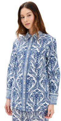 FARM Rio Blue Tropical Cameo Off-White Pajama Shirt Blue Tropical Cameo Off-White S
