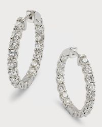 18K White Gold Round Diamond Hoop Earrings, 1"L
