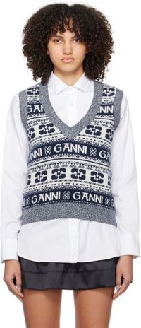 GANNI White & Navy Jacquard Vest