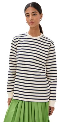 Tibi Striped Perfect Tee Crew Neck Navy Multi XS