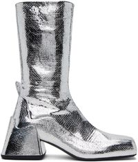 Jil Sander Bottes argentées en cuir de veau lamé et craquelé