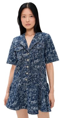 GANNI Tapestry Denim Mini Dress Mid Blue Stone 40