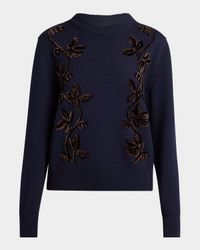 Velvet Floral Embroidered Merino Crewneck Sweater