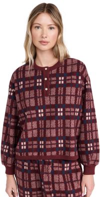 THE GREAT. The Plush Fleece Henley Sleep Sweatshirt Fireside Plaid 2