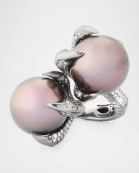 18K White Gold and Black Rhodium Tahitian Pearl Ring with Diamonds, Size 7