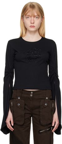 Blumarine Black Crystal-Cut Long Sleeve T-Shirt