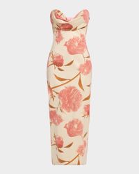 Draped Strapless Floral Sheath Midi Dress