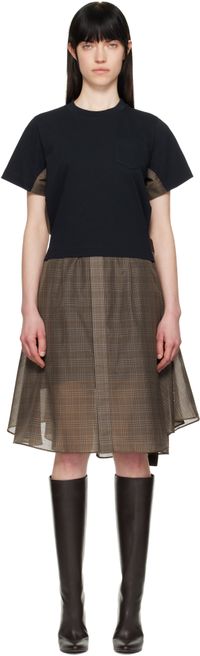 sacai Navy & Brown Spun Organza & Cotton Jersey Midi Dress