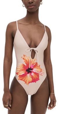Good American Satin Deep Dive One Piece Champagne Tropical Hibiscus XS