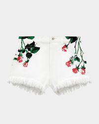 Flower-Print Fringed Peekaboo Denim Shorts
