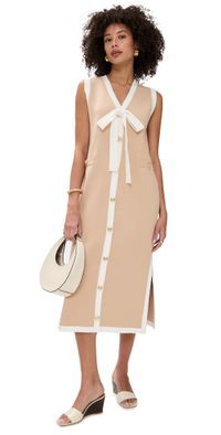 English Factory Knit Midi Dress With Ribbon Tie Beige/White M