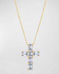 18K Gold 6-Stone Shared Prong Emerald Cut Diamond Cross Necklace, 16"L, 2.00tcw