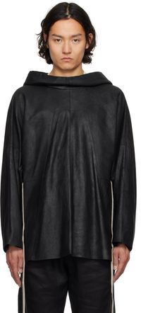 Rick Owens Black Hollywood Hooded Tunic Leather Jacket