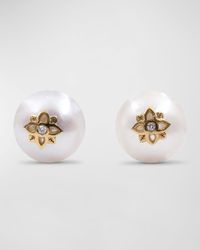 White Pearl and White Diamond Stud Earrings in 18K Gold