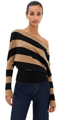 SIMKHAI Lavina Off Shoulder Sweater Camel Stripe M