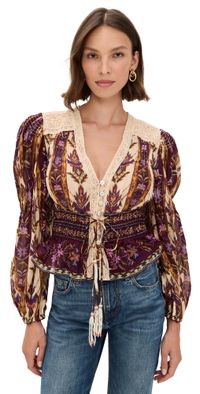 FARM Rio Embroidered Tapestry Sand Long Sleeve Blouse Embroidered Tapestry Sand XXS