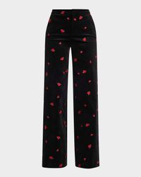 Rose Embroidered Livvy Straight-Leg Velvet Pants