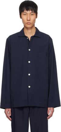 Tekla Navy Poplin Long-Sleeved Pyjama Shirt
