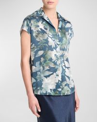 Silk Shimmer Lake Ruched-Back Cap-Sleeve Blouse