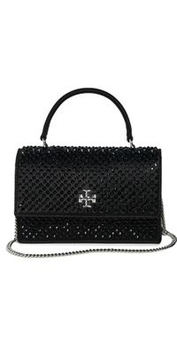 Tory Burch Kira Satin Embellished Mini Top Handle Wallet on Chain Black One Size