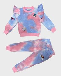 Girl's 2-Piece Tie-Dye Ruffle Sweater Set w/ Embroidered Patches, Size 2-14