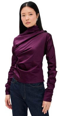 GANNI Technical Stretch Satin Ruched Top Mauve Wine 32