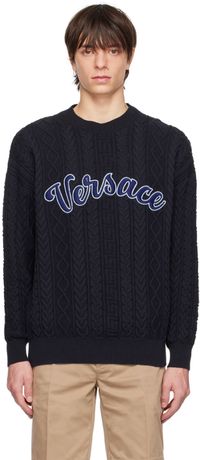 Versace Pull teddy bleu marine à motif à clé grecque