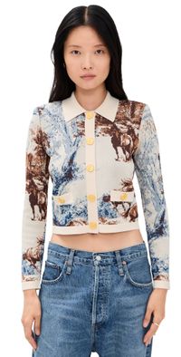 L'AGENCE Osiris Jacquard Collared Cardigan Tan Mt Western Toile XXL