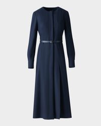 Pleated Wool Stretch Flannel Midi Dress With Belt