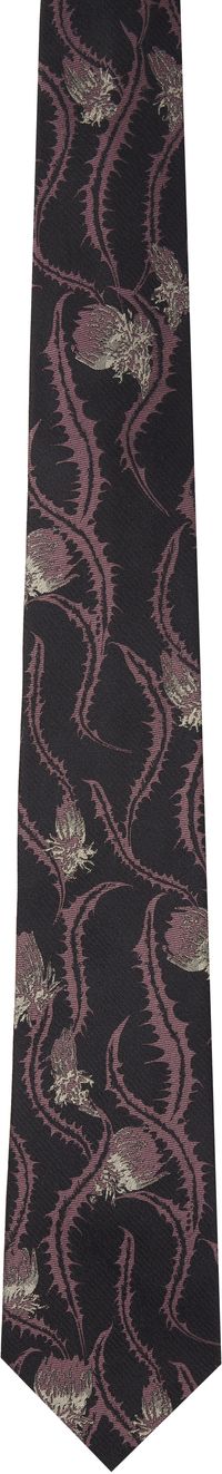 Dries Van Noten Black & Purple 'Thistle' Printed Silk Tie