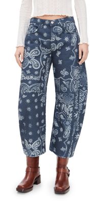 Free People Good Luck Printed Barrel Jeans Navy Bandana 29