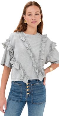 Ulla Johnson Sydney Short Sleeve Ruffle Tee Slate Melange P