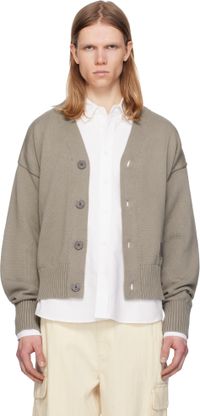 AMI Paris Cardigan taupe en coton et laine à appliqués à logo brodés