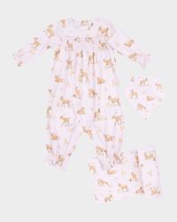 Girl's Little Fawn Smocked Long-Sleeve Romper, Bib & Blanket Set, Size 0M-24M