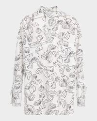 Sansa Bow-Print Tie-Cuff Mini Shirtdress