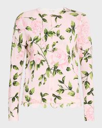 English Rose Printed Crewneck Cardigan With Scalloped Trim