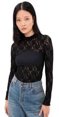 Hanky Panky Sig Lace Mock Neck Long Sleeve Bandeau Top Black L