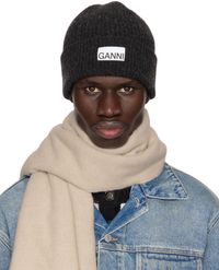 GANNI Gray Fitted Wool Rib Knit Beanie