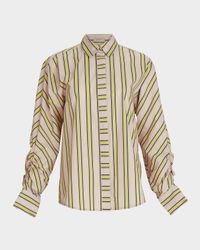 Caritina Striped Ruched-Sleeve Button-Down Blouse
