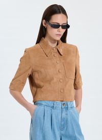 Zapa - Chemise droite en cuir velours - Taille 46 - Beige