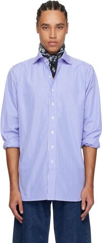 Drake's White & Blue Bengal Stripe Cotton Poplin Shirt