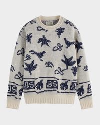 Men's Bird Jacquard Dropped Shoulder Crewneck Sweater