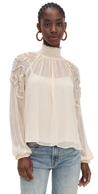 Ulla Johnson Magdalena Silk Smocked Long Sleeve Blouse Chantilly 0