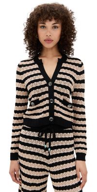 L'AGENCE Orla Pointelle Knit Cardigan Black/Natural Stripe XXL